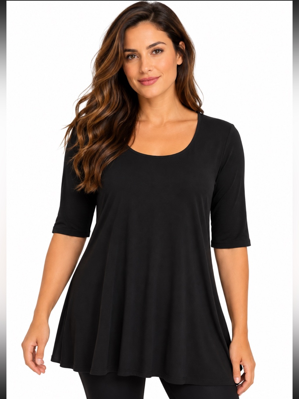 Eileen Fisher Women’s Large Black A-Line Tunic Top Scoop Neck 3/4 Sleeve